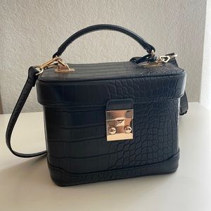 Structured Faux Crocodile Print Black Bag